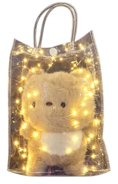 Soft toy in a transparent gift bag with LED fairy lights