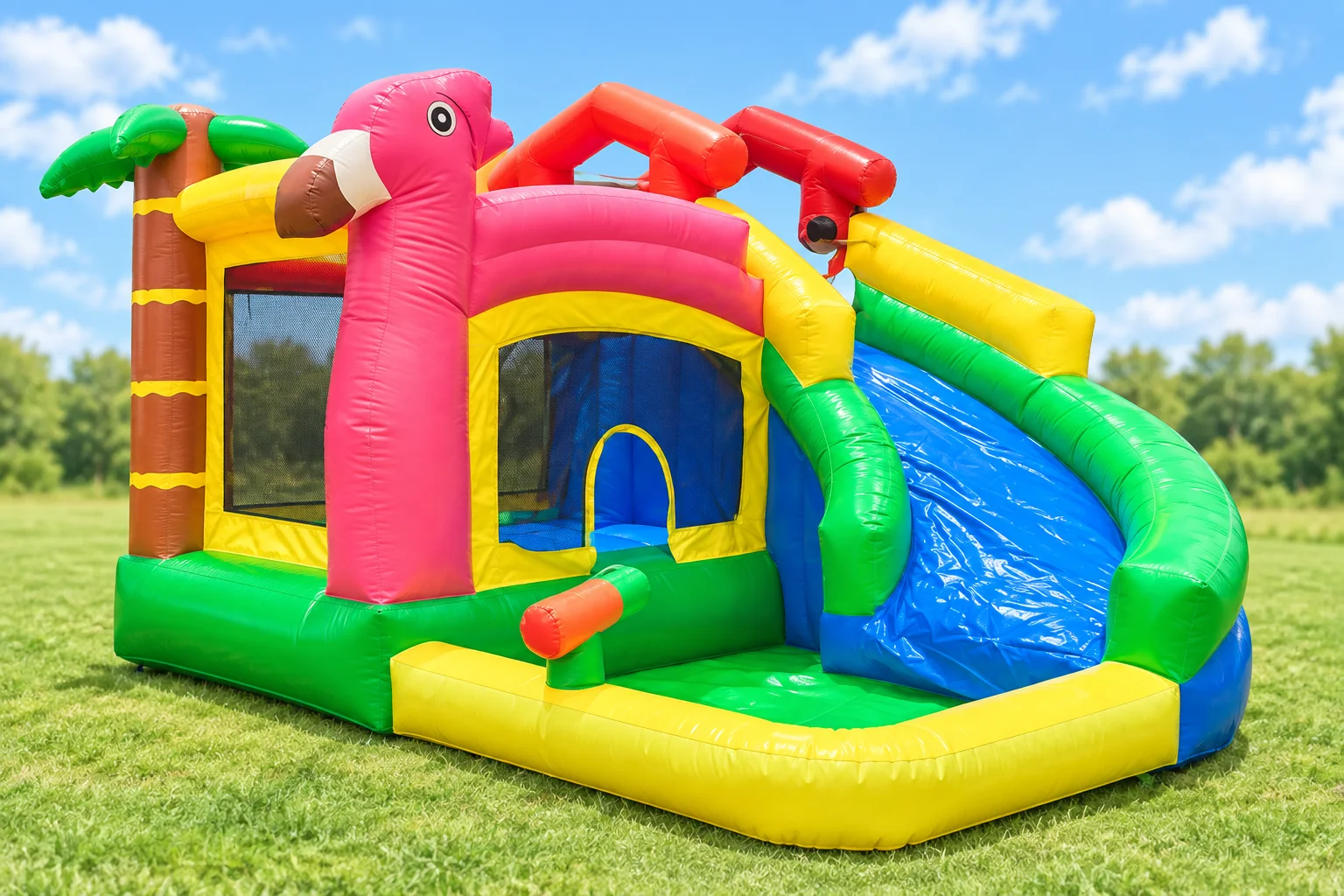 Pink Flamingo inflatable castle with slide available from 3 Star Kids