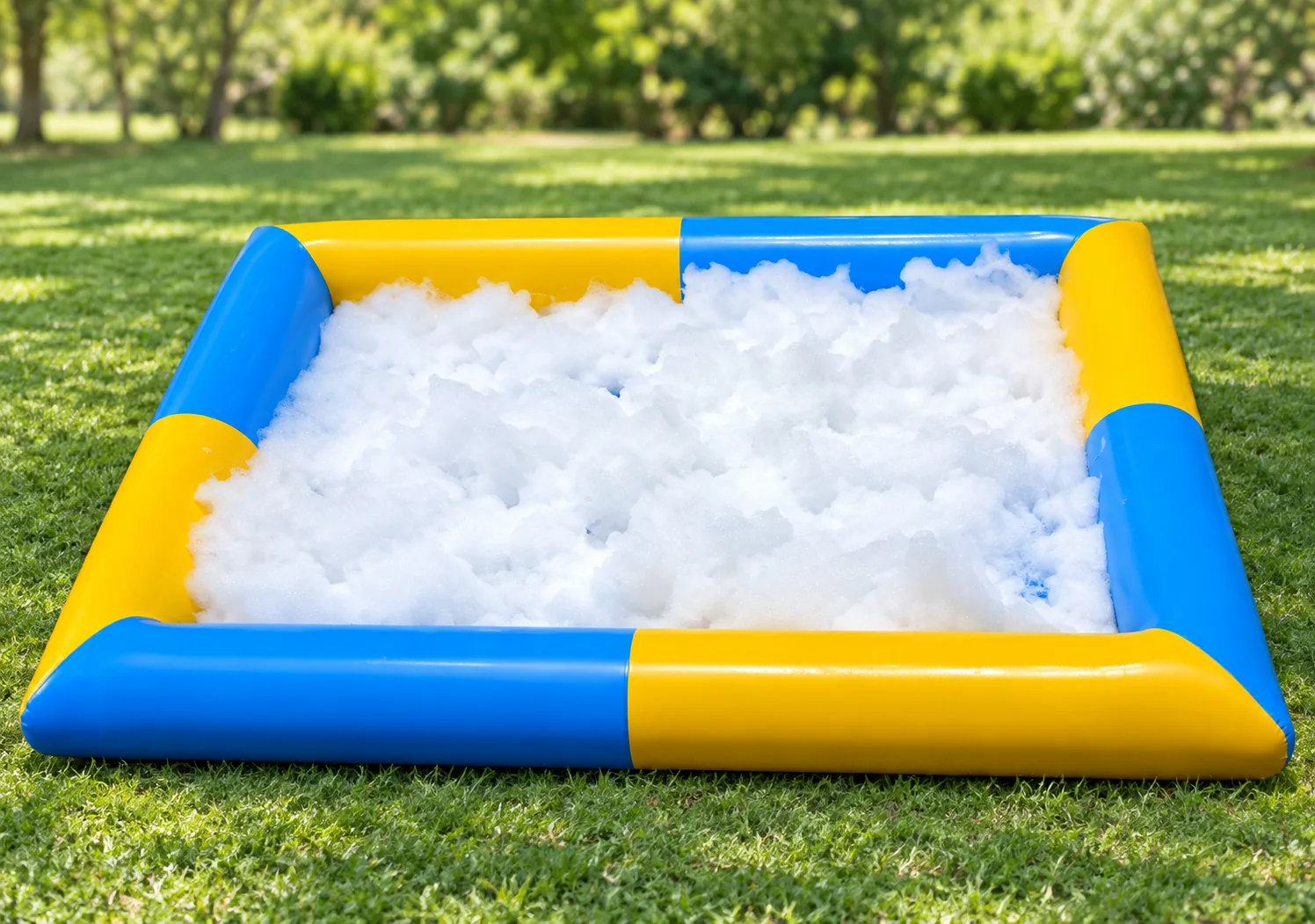 Large blue and yellow inflatable foam pool for events