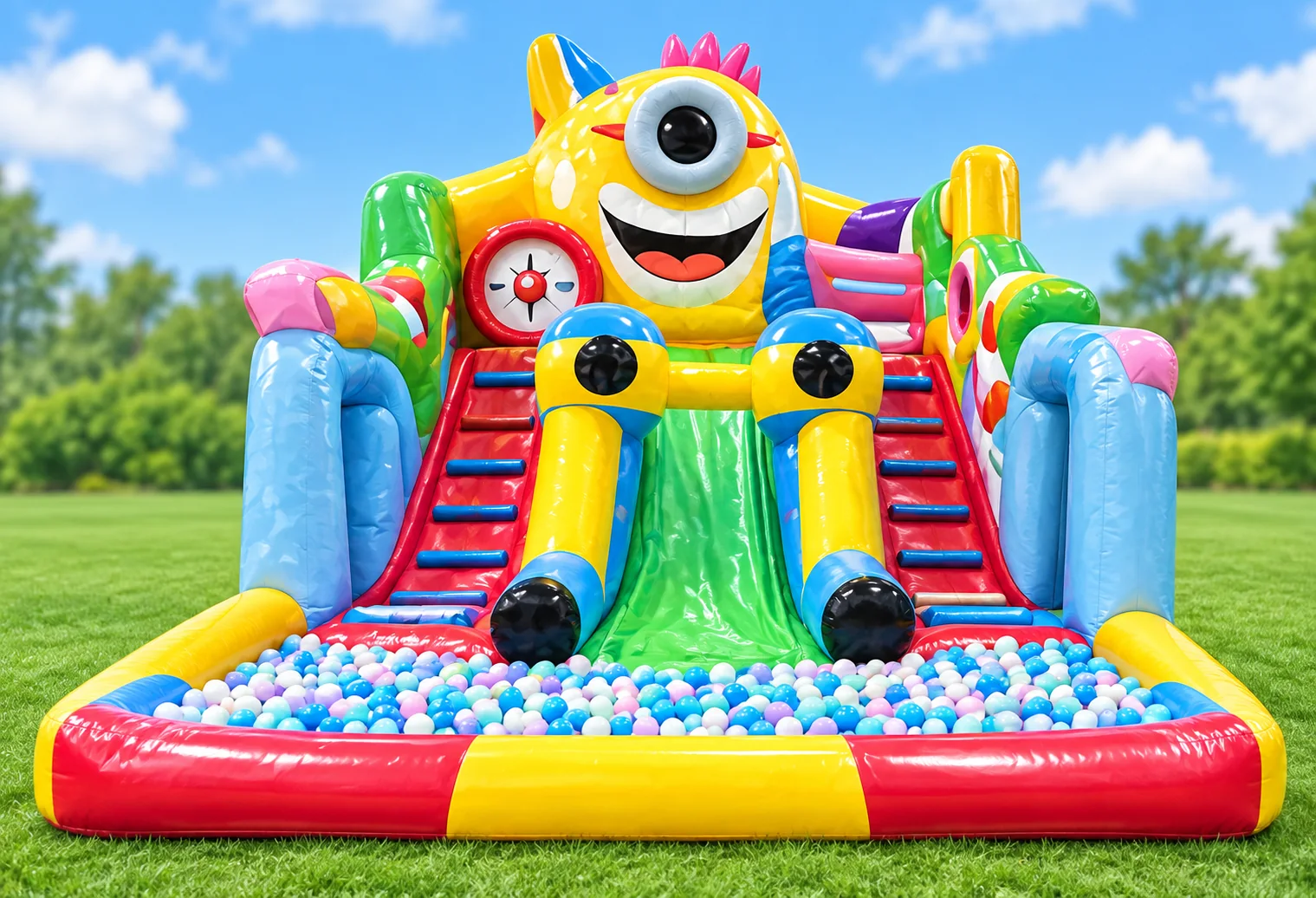 Yellow Monster medium inflatable with twin slides and ball pit