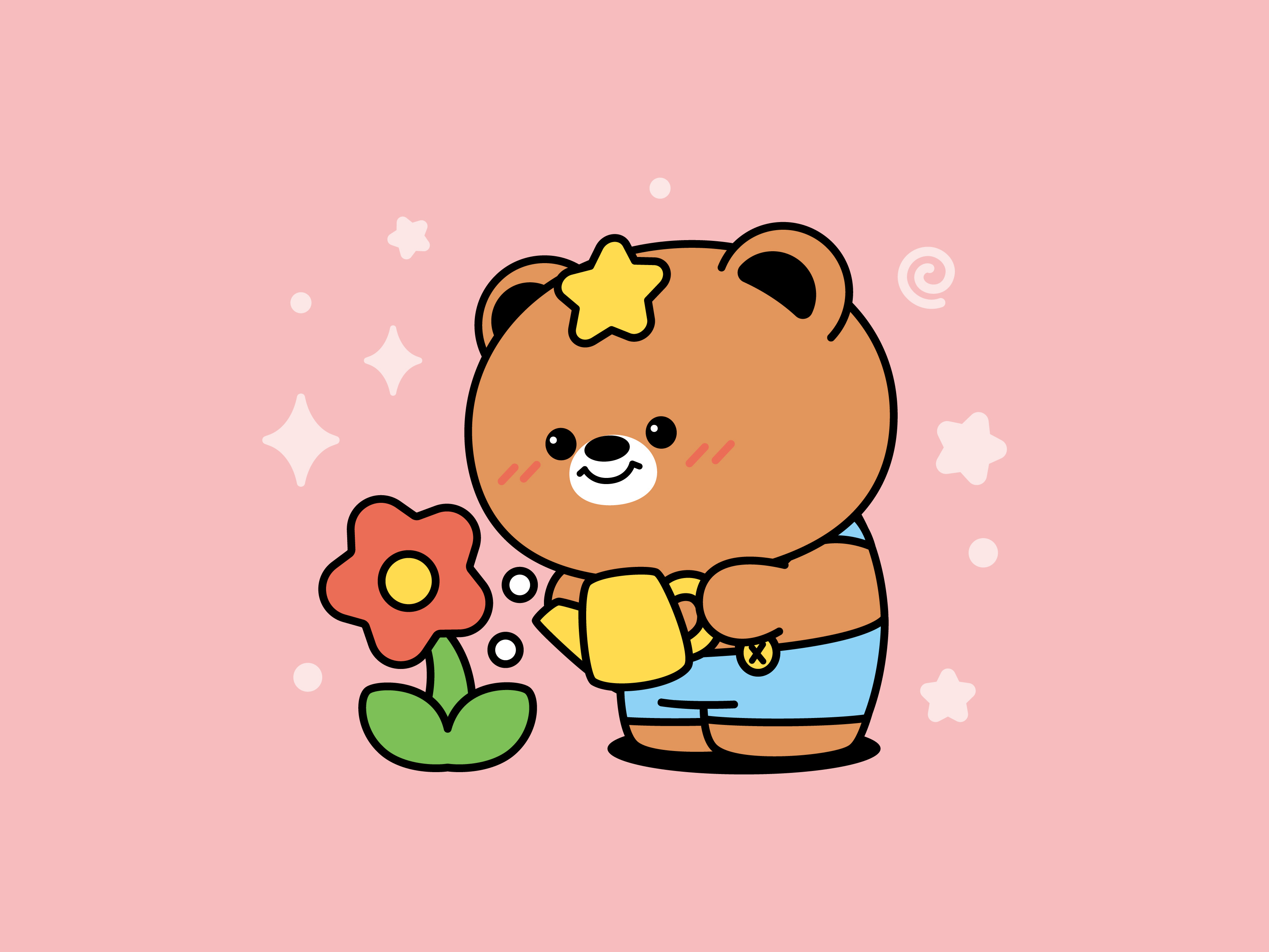 Bear mascot with flowers and stars