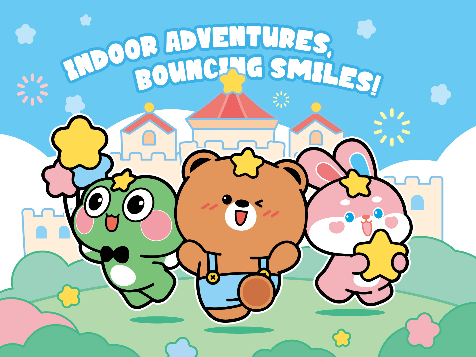 The 3 Star Kids bear, rabbit and frog mascots running toward an indoor playground